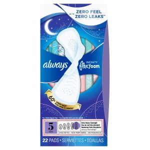 Always Infinity Flexfoam Pads Extra Heavy Overnight With Wings Unscented Size 5 – 22.0 Ea Feminine Hygiene