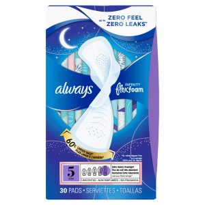 Always Infinity FlexFoam Pads for Women – Extra Heavy Overnight Absorbency – Unscented – Size 5 – 30ct Feminine Hygiene