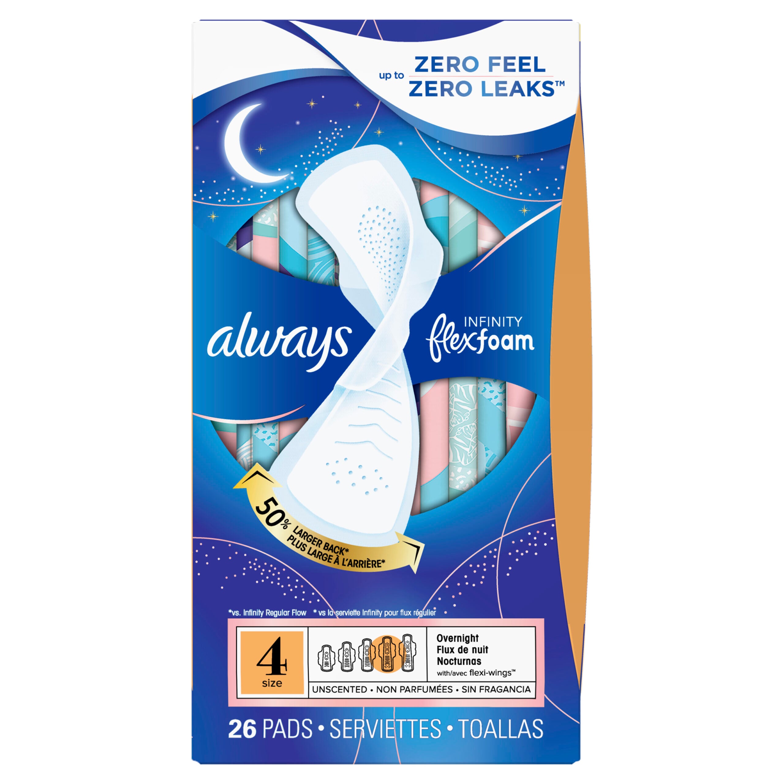 Always Infiniy Flexfoam Pads For Women Overnight With Wings Unscented Size 4 - 26.0 Ea