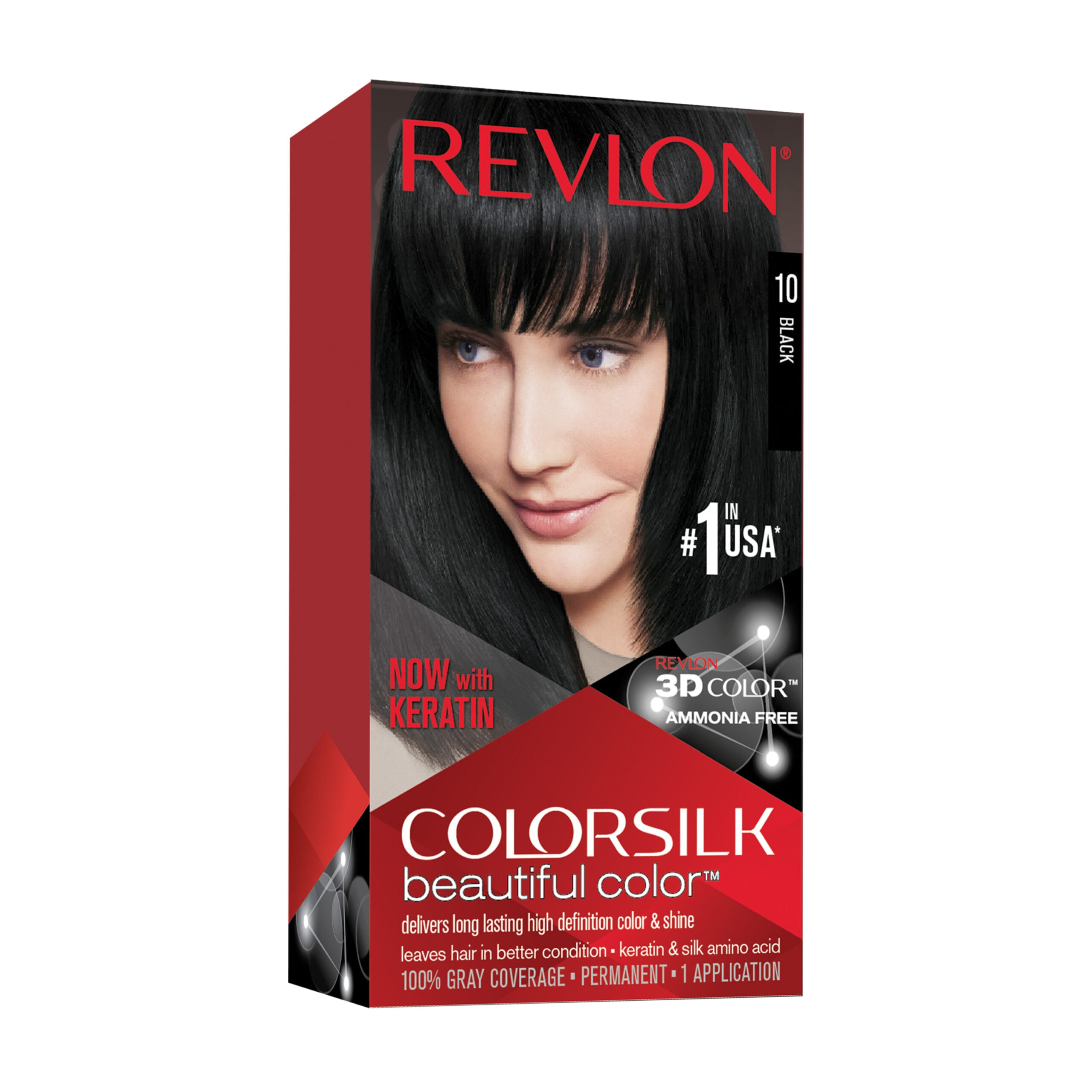 Revlon Colorsilk Beautiful Color, Permanent Hair Dye With Keratin, 100% Gray Coverage, Ammonia Free, 10 Black