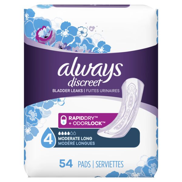 Always Discreet Moderate Incontinence Pads Long Length – 54.0 Ea Home Health Care