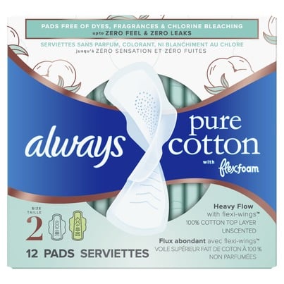 Always Always Pure Cotton With Flexfoam Pads Heavy Flow Size 2, 12 Count 12.0 Count