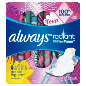 Always Always Radiant Teen Pads, Regular Absorbency, Unscented, 14 Count 14.0 Count Feminine Hygiene