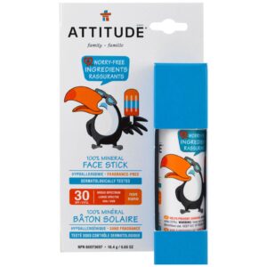 ATTITUDE, Family, 100% Mineral Face Stick, SPF 30, Fragrance Free, 0.65 Oz (18.4 G) Sun Care