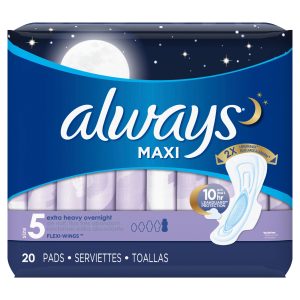 Always Maxi Pads Extra Heavy Overnight Unscented With Wings Unscented, Size 5 – 20.0 Ea Feminine Hygiene