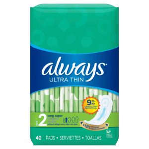 Always Ultra Thin Pads Long Without Wings Unscented, Size 2 - 40.0 Ea
