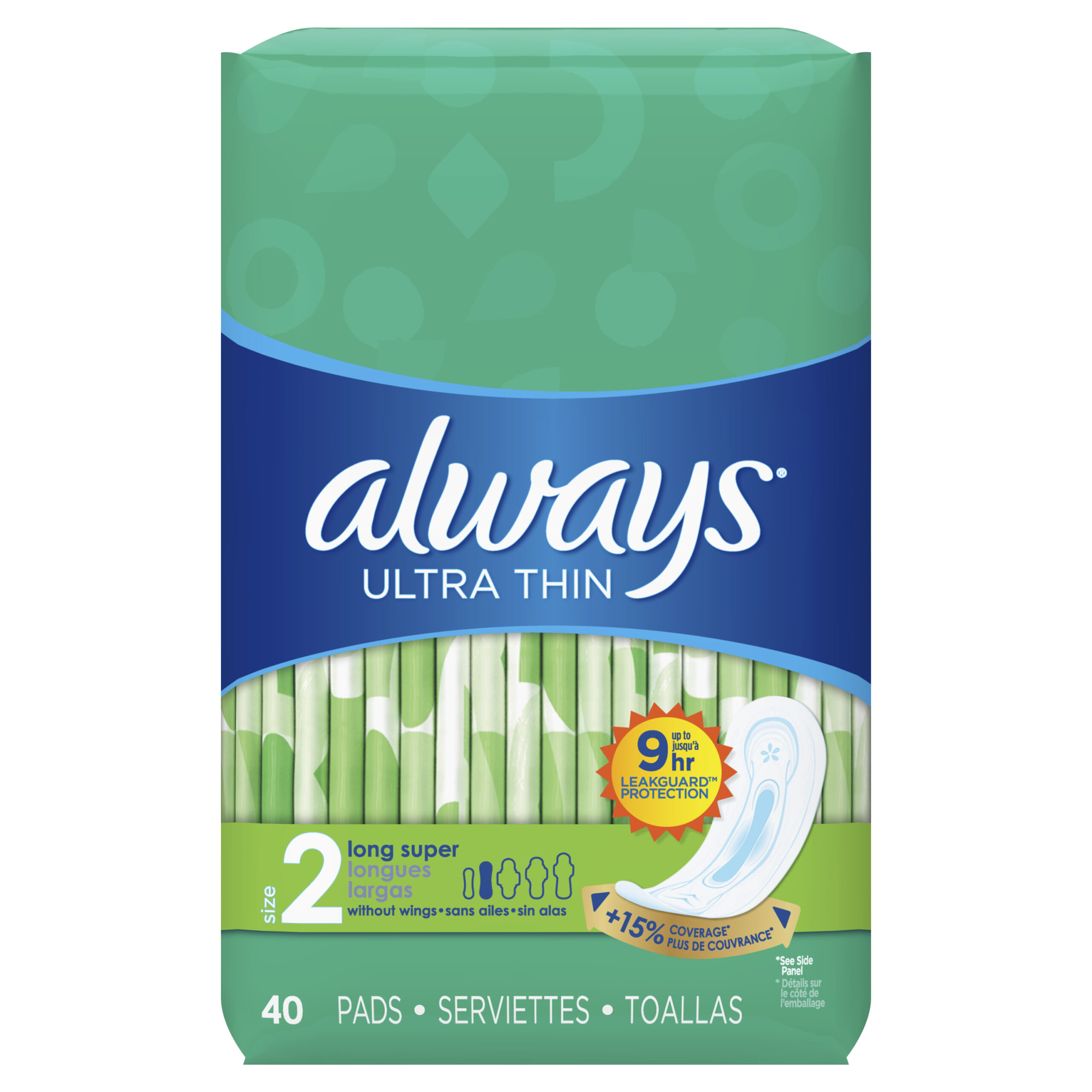 Always Ultra Thin Pads Long Without Wings Unscented, Size 2 - 40.0 Ea