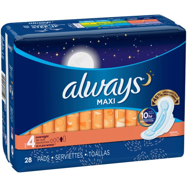 Always Maxi Size 4 Overnight Pads With Wings, Unscented, 28 Count Feminine Hygiene