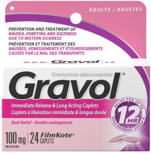 Dual Relief 12 Hour Long Lasting Gravol (24 Caplets) Antinauseant For Nausea, Vomiting, Dizziness & Motion Sickness