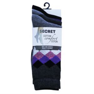 Secret Ladies 3Pk Patterned Crew Socks Grey 6-10 Soft Lines