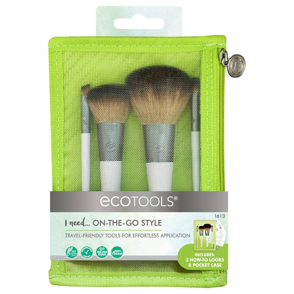 On The Go Style Brush Set, 4 Piece Set & Dual Pocket Case Cosmetic Accessories