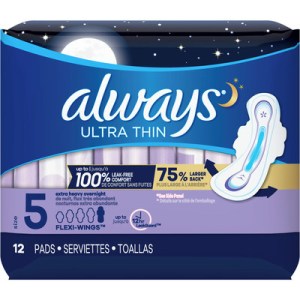 Always Always Ultra Thin Size 5 Extra Heavy Overnight Pads With Wings Unscented, 12 Count 12.0 Count Feminine Hygiene