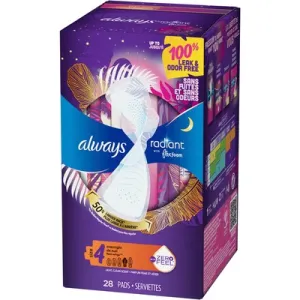 Always Radiant Overnight Sanitary Pads With Wings - Scented - Size 4 - 28ct