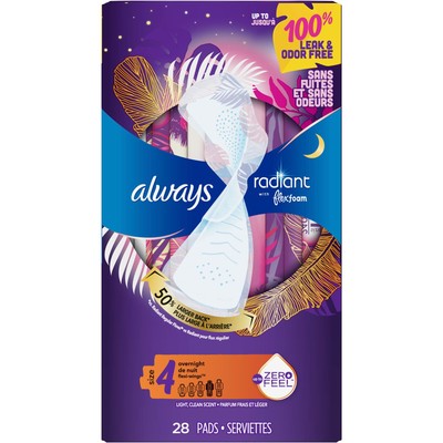Always Radiant Overnight Sanitary Pads With Wings - Scented - Size 4 - 28ct - Image 3