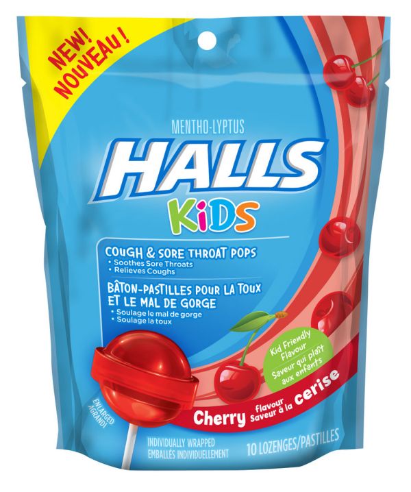 Halls Halls Kids Cough & Sore Throat Pops, Cherry Flavour, 10 Count 10.0 Ea Cough and Cold