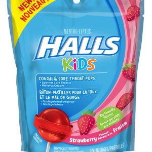Halls Halls Kids Cough & Sore Throat Pops, Strawberry Flavour, 10 Count 10.0 Ea Throat Lozenges and Sprays