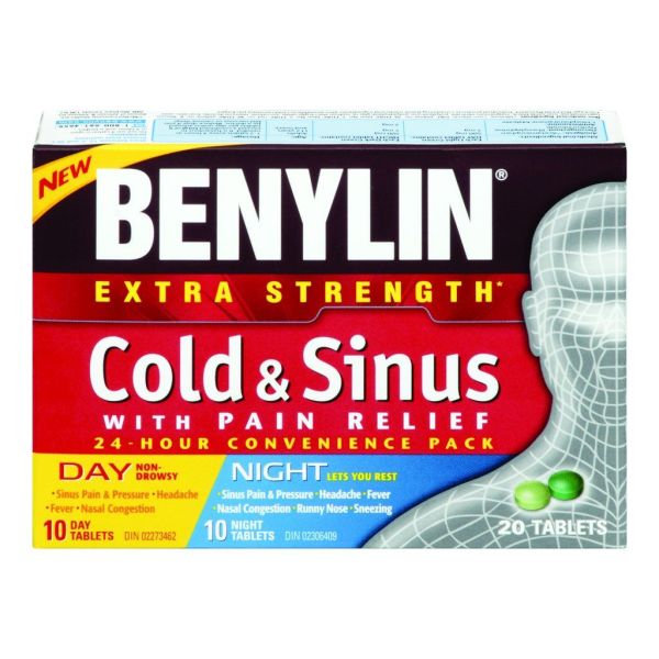 Benylin Extra Strength Cold & Sinus Caplets, Relieves Cold & Sinus Symptoms, Daytime & Nighttime, Convenience Pack, 20c Cough, Cold and Flu Treatments