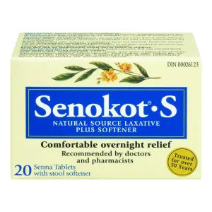 Senokot S Natural Senna Laxative Plus Stool Softener 20 Tablets