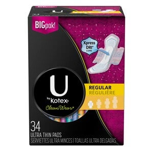 U by Kotex CleanWear Ultra Thin Pads with Wings, Regular, Fragrance-Free, 34 Count - 34 Ct