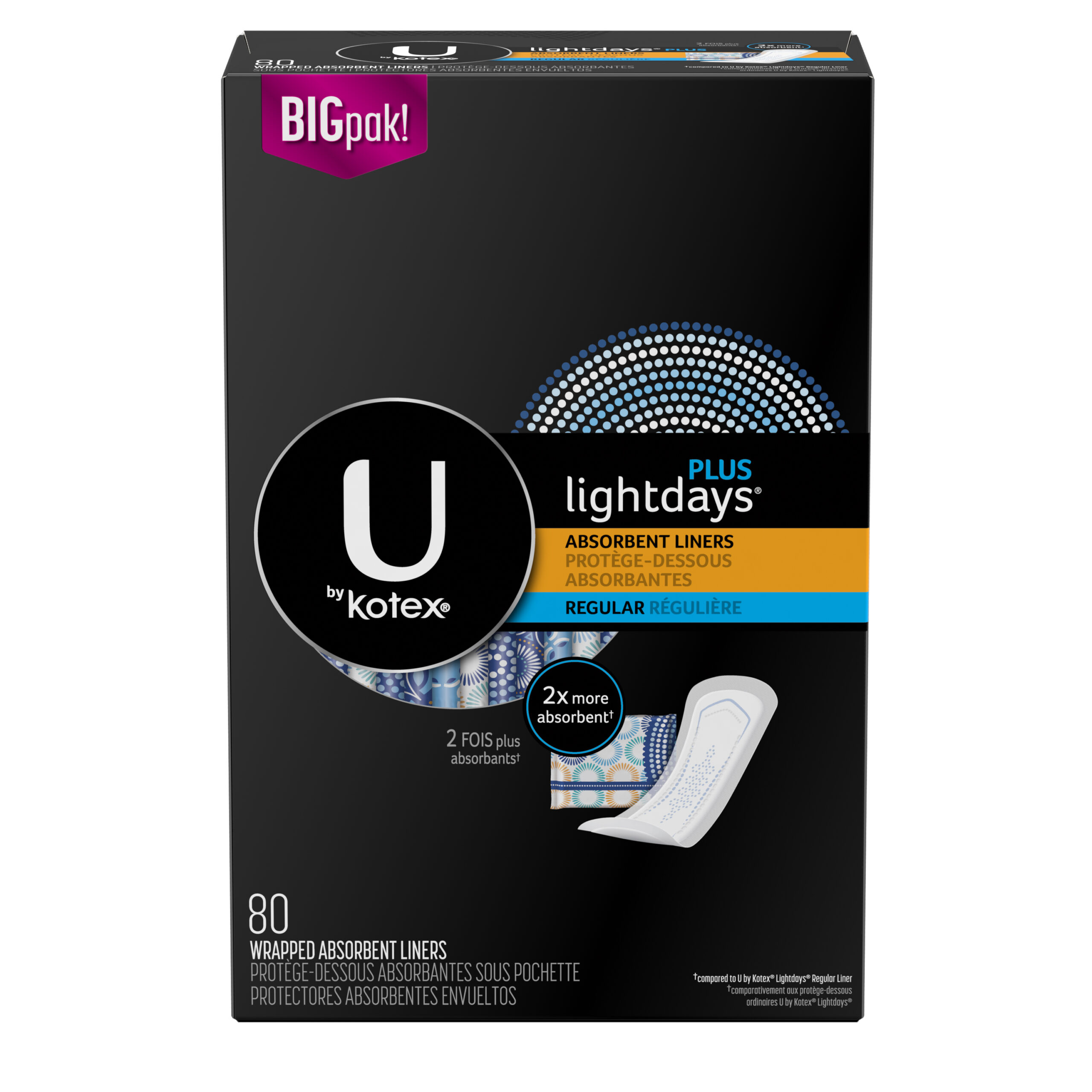 U by Kotex Lightdays PLUS Liners, Regular, Fragrance-Free, 80 Count - 80 Ct