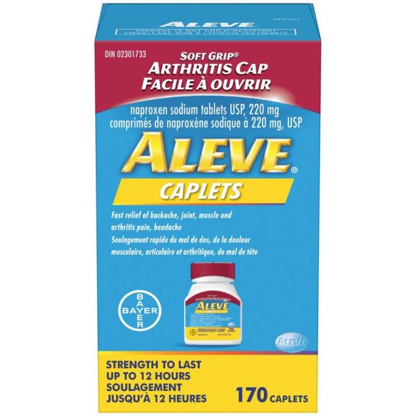 Aleve Pain Relief Caplets with Easy Open Soft Grip Arthritis Cap, up to 12-Hour Relief, Naproxen Sodium 220mg, 170 Caplets 170.0 Ea Analgesics and Antipyretics