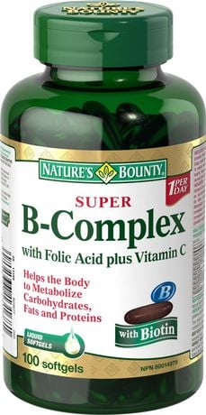 Natures Bounty B Complex W/Folic Acid Plus Vitamin C, Helps Metabolize Carbohydrates, 100 Softgels 100.0 Count