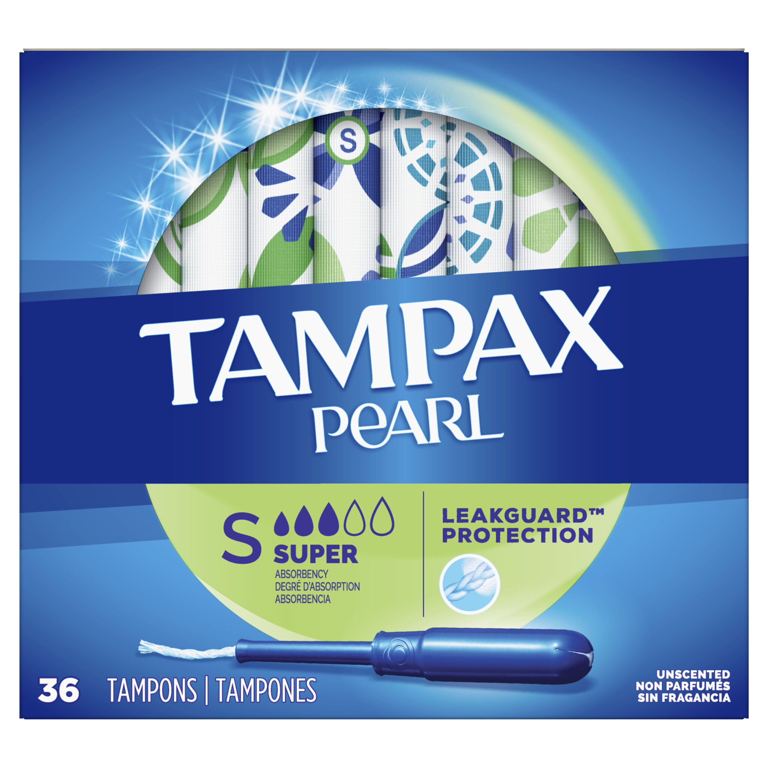 Tampax Pearl Tampons Super Absorbency with LeakGuard Braid, Unscented, 36 Count - 36 Ct