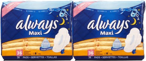 Always ALWAYS Maxi Size 4 Overnight Pads with Wings Unscented, 36 Count 36.0 Count Feminine Hygiene