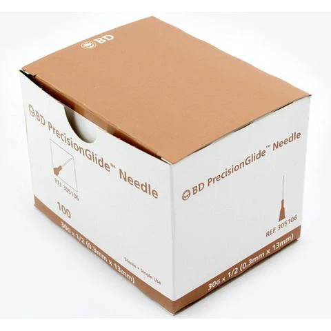 BD PrecisionGlide Hypodermic Needle, Sterile, 30 G X 1/2  305106 100 EA Insulin Needles, Pen Needles and Syringes