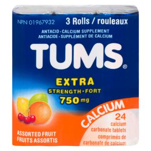 Tums Extra Strength Assorted Fruit 3 Rolls, 8 tablets per roll