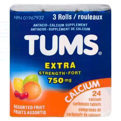 Tums Extra Strength Assorted Fruit 3 Rolls, 8 tablets per roll CTC Health