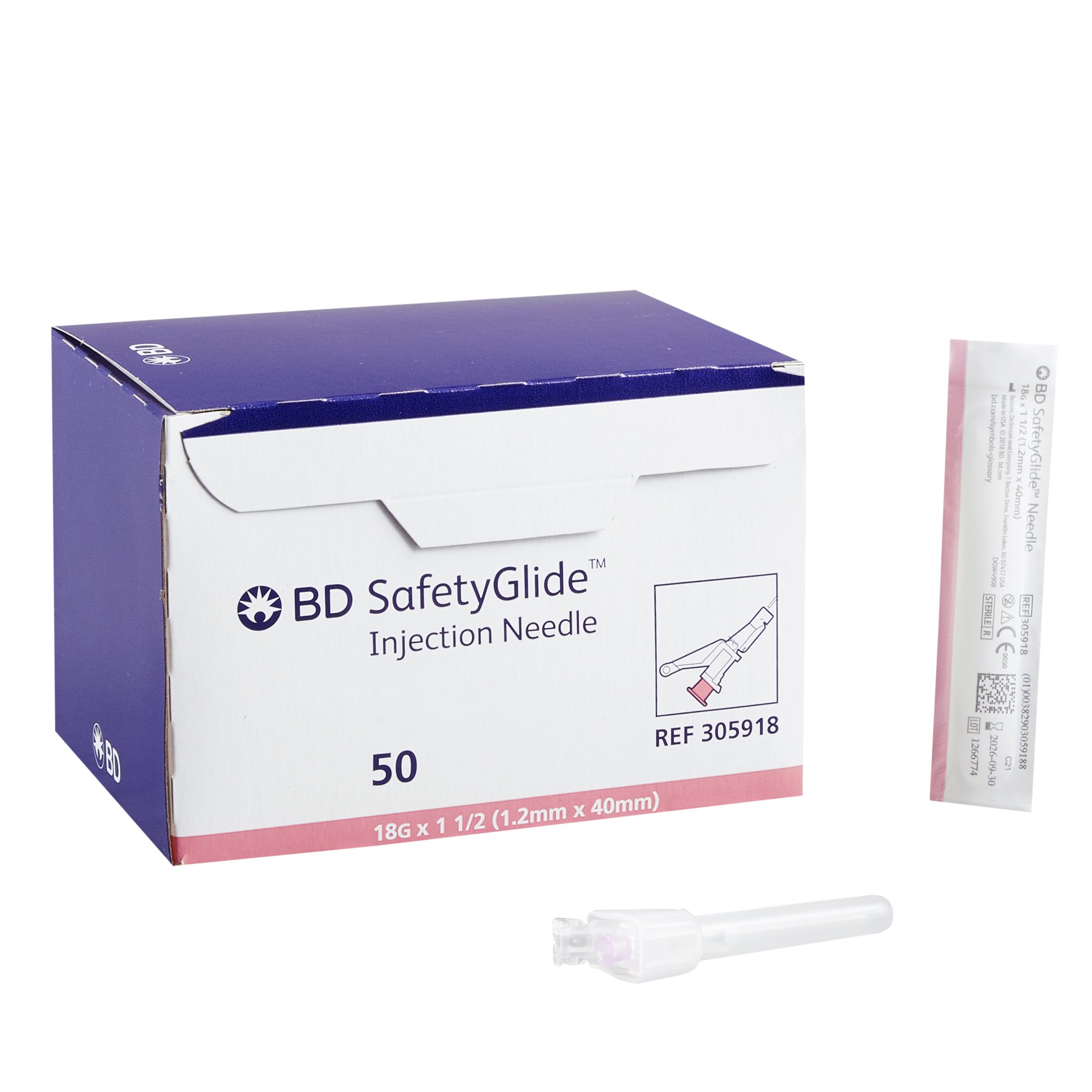 BD 305918 SafetyGlide Needle Only Safety Glide 18gx1 1/2 Regular Bevel 50/box Needles and Syringes (IM & SC)