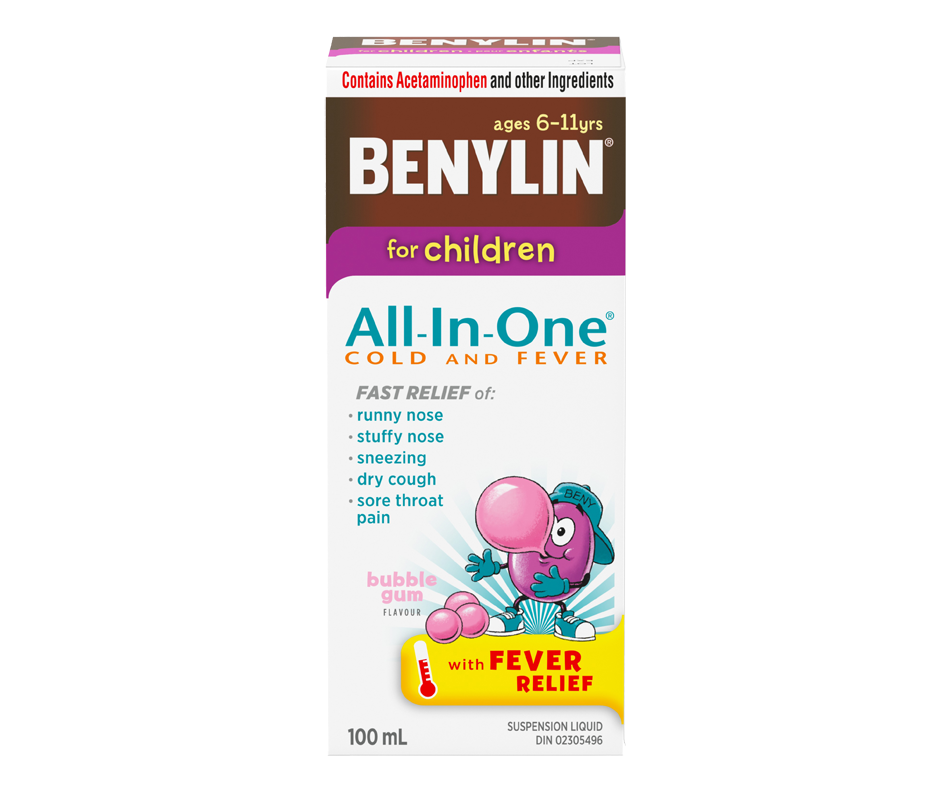 Benylin All-In-One Cold and Fever Suspension Liquid for Children, Bubble Gum, 100 ml Vitamins and Minerals