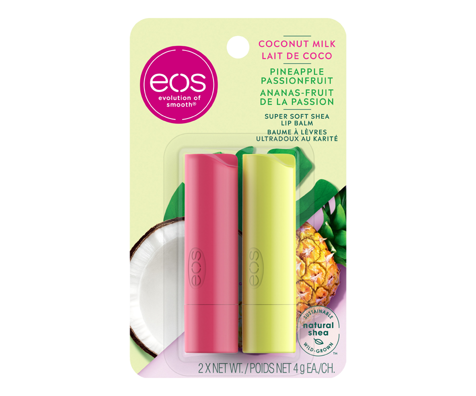 eos 100% Natural Lip Balm Sticks - Pineapple Passionfruit & Coconut Milk, All-Day Moisture, 4g, 2-Pack