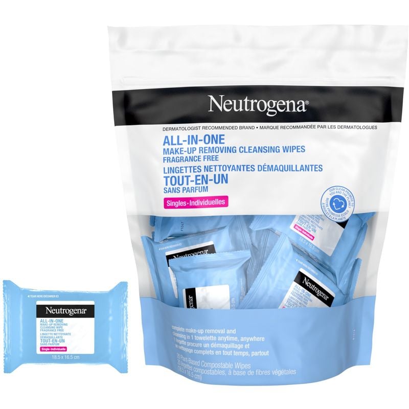 Neutrogena All-in-One Makeup Removing Cleansing Wipes, Plant-Based, Fragrance-Free, 20 Count