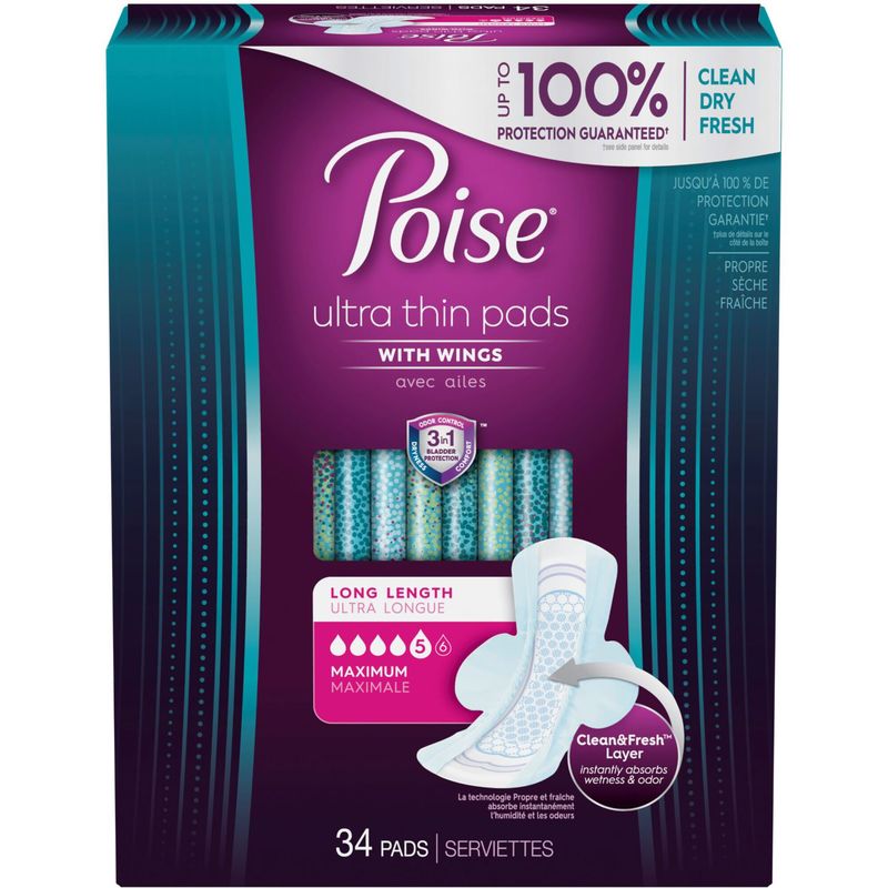 Poise Ultra Thin Postpartum Incontinence Pads, Maximum Absorbency, Long Length, 20 Count
