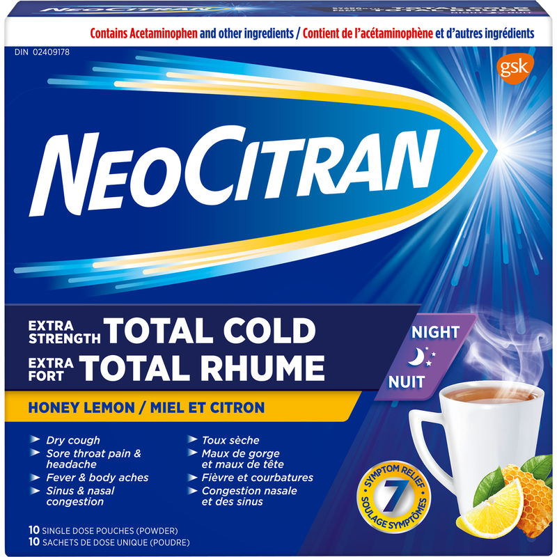 NeoCitran Extra Strength Total Cold Night Honey Lemon Hot Liquid Medication - 10 Pack
