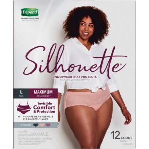 Depend Silhouette Adult Incontinence Underwear for Women, Maximum Absorbency, Large, Pink/Black/Berry, 12 Count