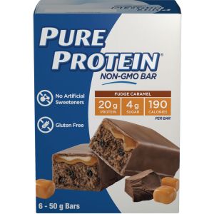 Pure Protein Non-GMO Fudge Caramel Bars, 6 Count - 20g Protein, 4g Sugar, 190 Calories