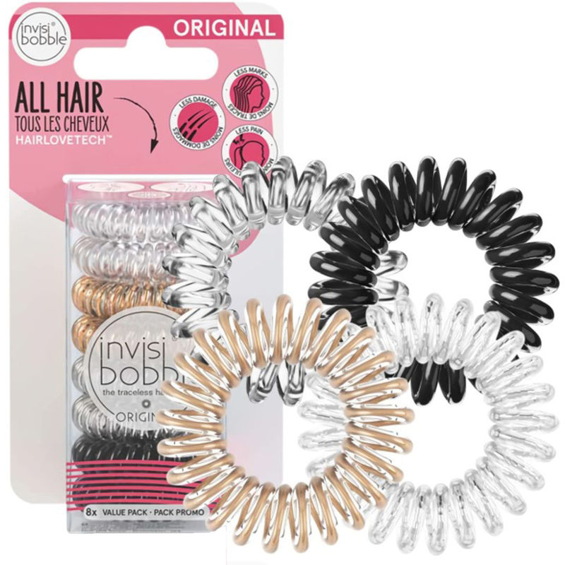 Invisibobble Traceless Hair Ring - Set of 8 Clear/Black/Metallic