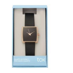 TCK Ladies Watch Black Band with Rose Gold Square Dial