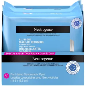 Neutrogena All-in-One Makeup Remover Facial Cleansing Wipes, Plant-Based and Compostable, Twin Pack