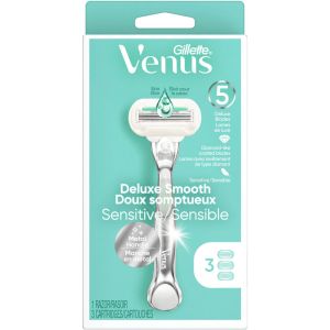 Venus Gillette Deluxe Smooth Sensitive Women's Razor Handle + 3 Blade Refills