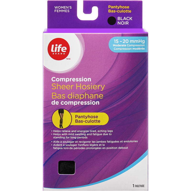 Life Brand LB Sheer Hosiery Pantyhose Black Medium 15-20 Compression