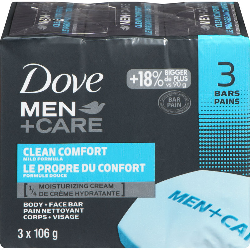 Dove Men+Care Body and Face Bar, Clean Comfort, Pack of 3, 106 g