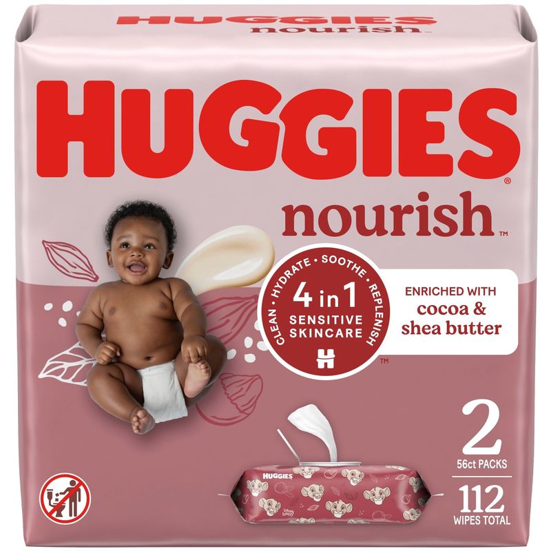 Huggies Nourish Scented Baby Wipes, 2 Push Button Packs 112 Wipes