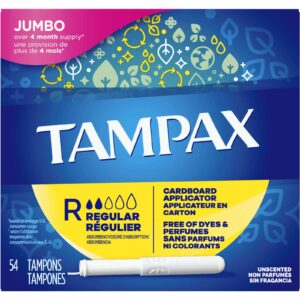 Tampax Cardboard Tampons Regular Absorbency, Anti-Slip Grip, LeakGuard Skirt, Unscented 54 EA