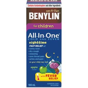 Benylin Childrens' All-In-One Cold & Fever, Night Liquid, Apple 100 mL