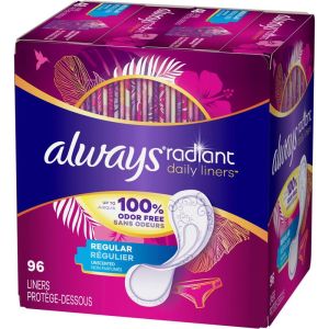 Always Radiant Daily Liners Regular Absorbency Unscented, Up to 100% Odor-Free, 96 Count