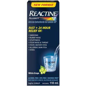 Reactine Allergy Liquid Medicine with Cetirizine Hydrochloride, White Grape Flavour 118 mL